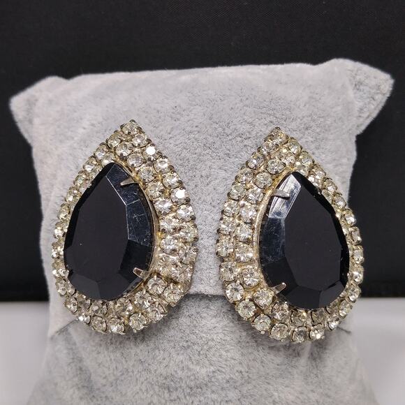 MUSI Vintage Shoe Clips Black Glass Teardrop & Clear Rhinestones Prong Set - Picture 9 of 10